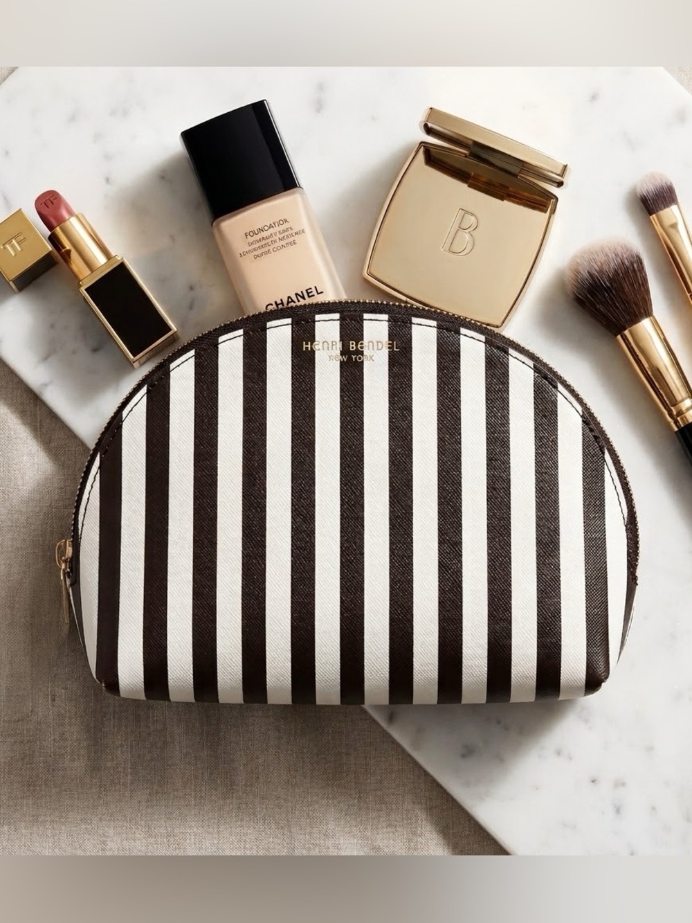henri bendel Brown & White Vertical Stripe Cosmetic Pouch